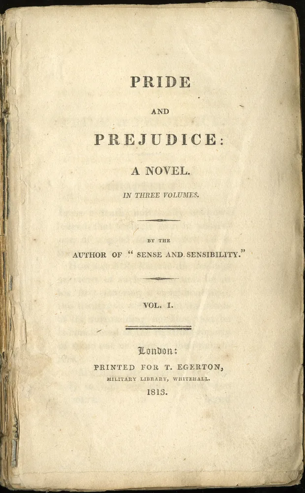 Title page, Volume I, first edition of Pride and Prejudice by Jane Austen, T. Egerton, London, 1813